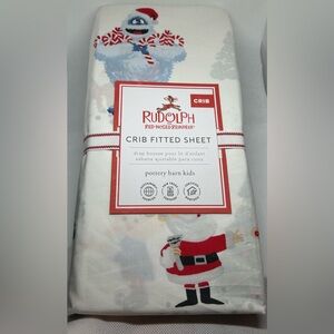 Pottery Barn Kids Fitted Crib Sheet with Rudolph and Santa